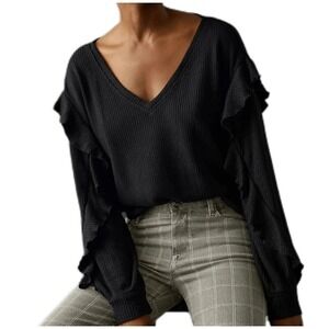 PILCRO Black Waffle Knit Ruffle Sleeve V Neck Long Sleeve Top Womens Small